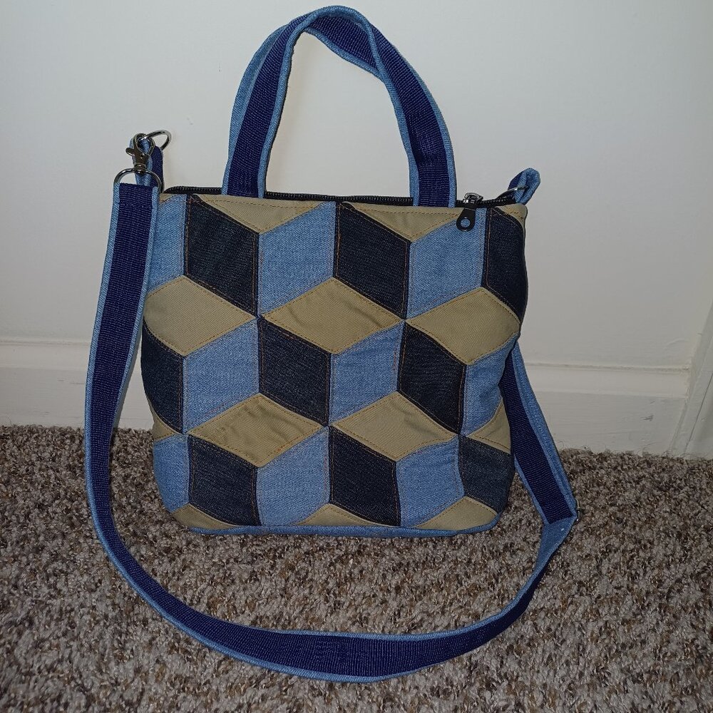 Blue Jean Denim Purse Upcycled Handmade Bag Shoulder Crossbody 3D cubes pattern